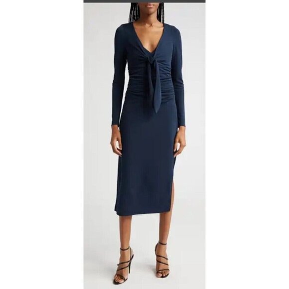 NEW Cinq à Sept Brenna Tie Front Long Sleeve Midi Dress Dark Teal Peacock Size 4 - Picture 3 of 14